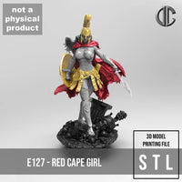 E127 - Warrior character design, A Women with golden armor and red cape statue, STL 3D model design print download files