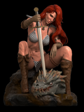 H019 - Comic Character design, The Sext Female Red Sonja Kill A dragon, STL 3D model design print download files