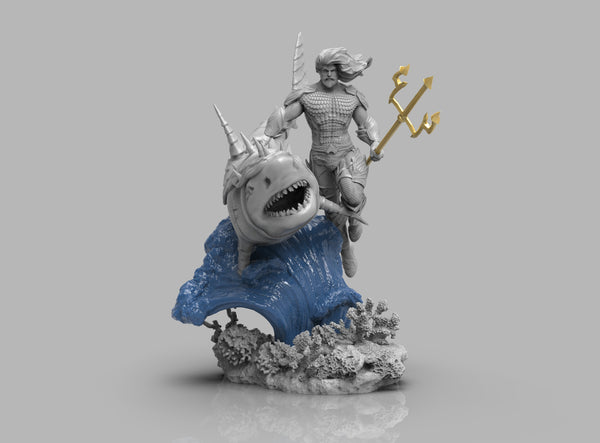 A284 - Comic character design statue, The Aquaman with pets, STL 3D model design print download files